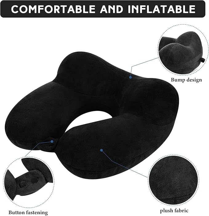 Sintuff 2 Pack Inflatable Travel Pillow for Airplanes Inflatable Neck Flight Pillows with Compact Bag and Blindfold for Traveling, Airplane, Train, Car, Office(Black and Dark Gray)