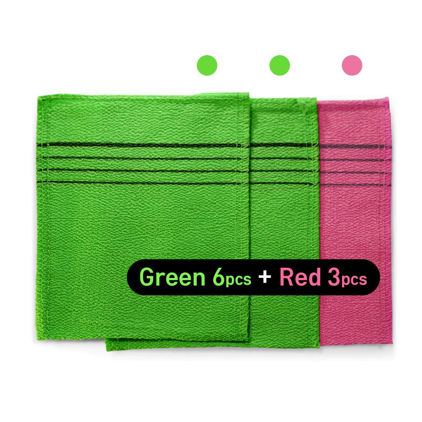9pcs Genuine Korean/Asian Exfoliating Bath Washcloth, Skin Massage (Green 6pcs, Red 3pcs) Genuine Korean Italy Towel, Removing Dry, Dead Skin Cells, Cleaning Pores, Reusable