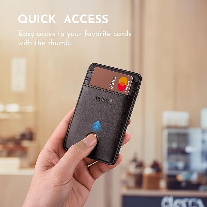 Buffway Mens Slim Wallet, Minimalist Thin Front Pocket Leather Credit Card Holder with RFID Blocking for Work Travel