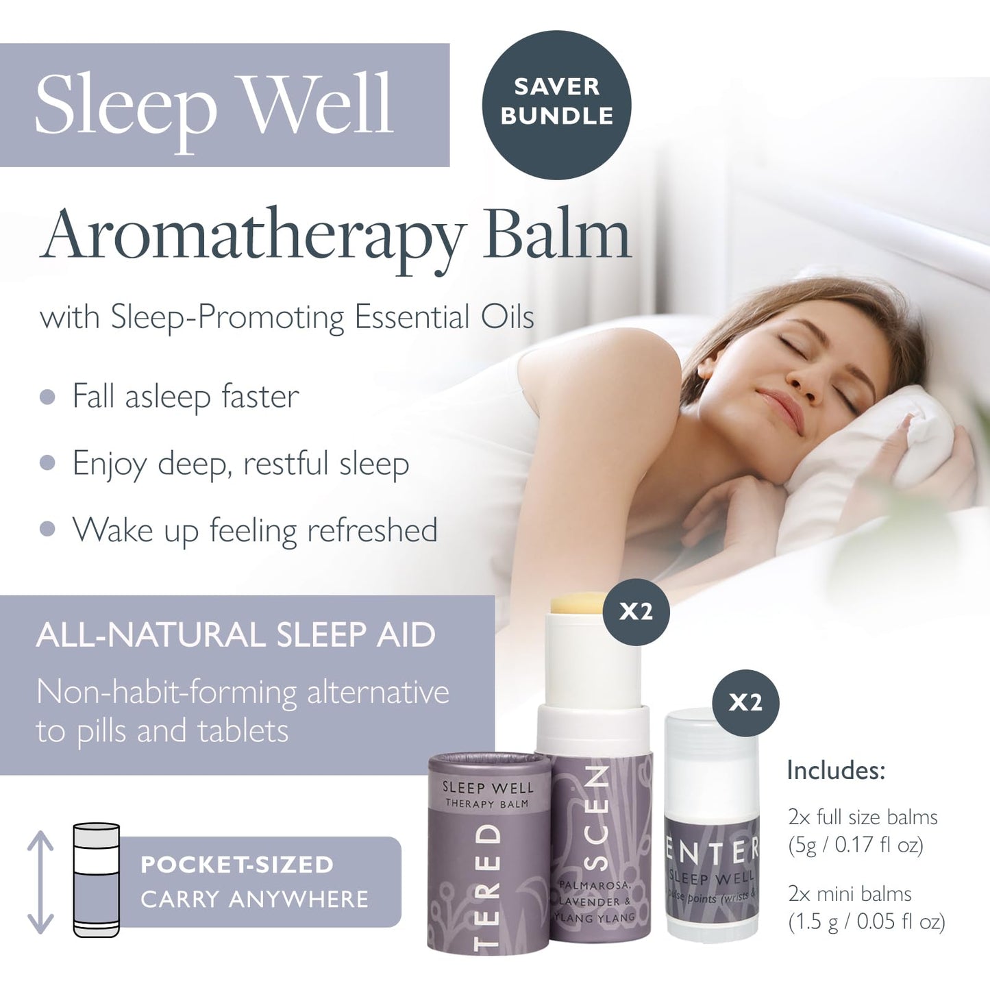 Scentered Sleep Well Aromatherapy Essential Oils Balm Saver Bundle - 2 x 5g Balms & 2 x Mini Travel Balms - for Restful Sleep - Natural Blend of Lavender, Chamomile, Ylang Ylang