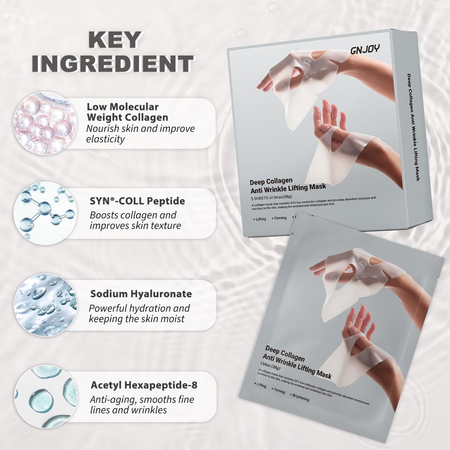 GNJOY Collagen Face Mask Deep Collagen Anti Wrinkle Lifting Mask Collagen Face Mask Overnight, Collagen Real Deep Mask for Lifting, Firming, Moisturizing - 38g x 5ea