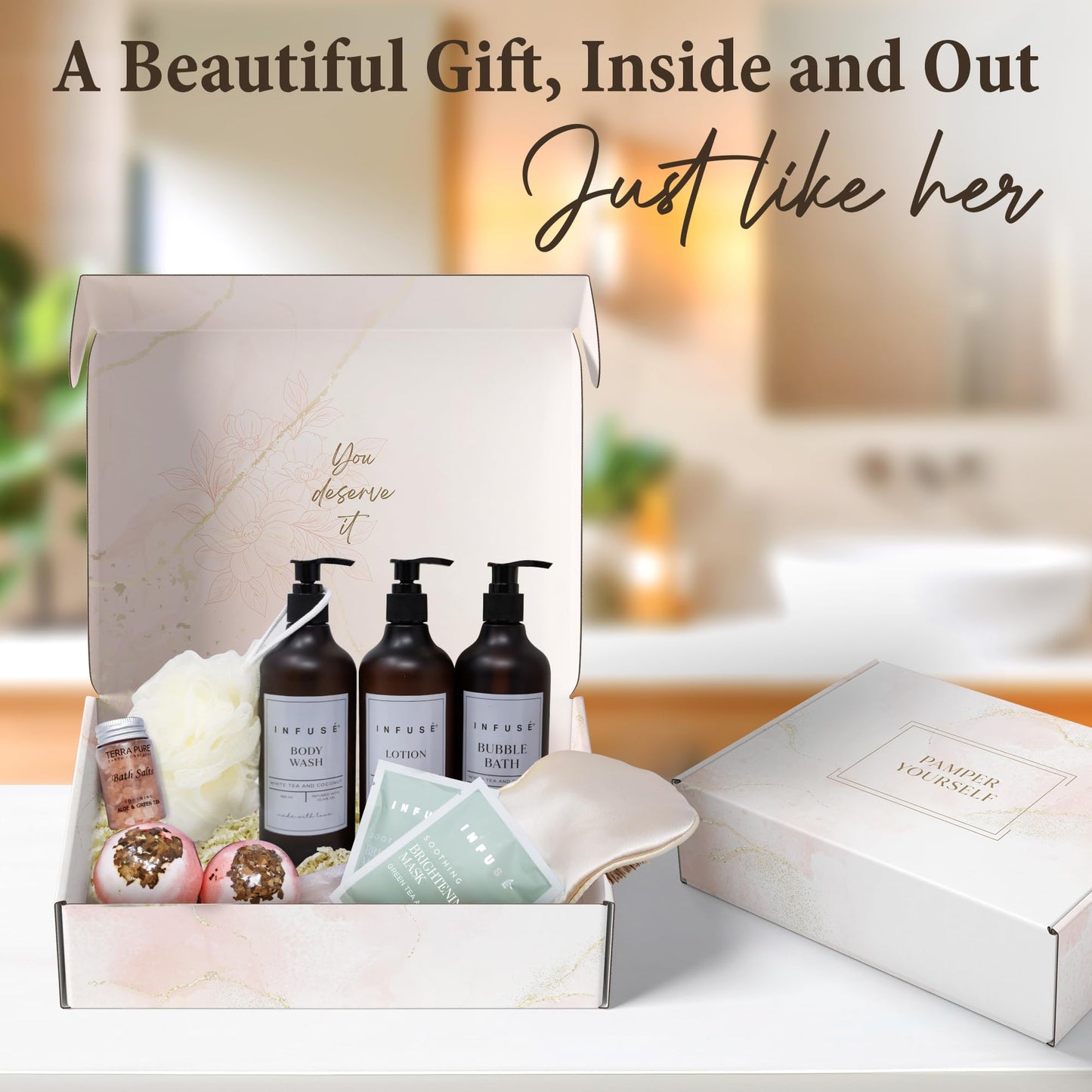 INFUSÉ 10-Piece Spa Gift Box for Women | Self-Care Set with Eye Mask, Loofa,Bath Bombs,Face Masks,Bubble Bath, Lotion, Body Wash & Bath Salt | Gift for Mom, Grandma, Wife, Bridesmaid or Loved Ones