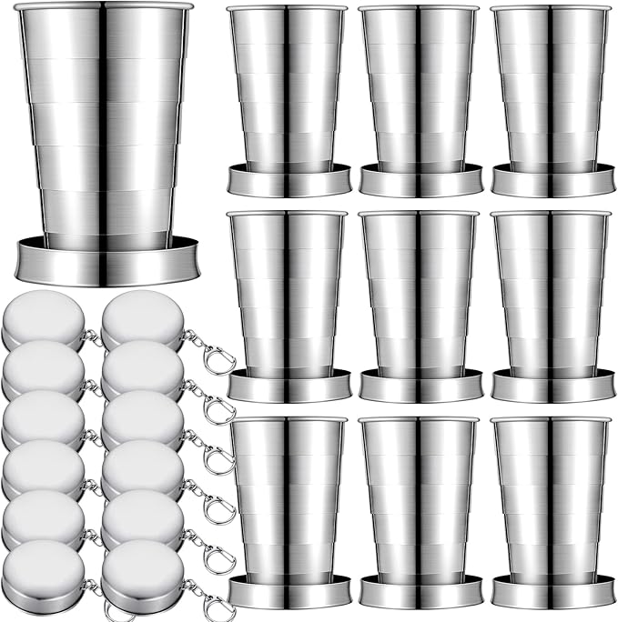 10 Pieces Collapsible Shot Glasses Stainless Steel Collapsible Cup Reusable Portable Travel Folding Cup with Lid and Keychain for Camping Hiking Cycling(5 oz)