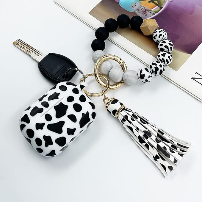Compatible with Airpods Pro Soft Silicone Case Cover with Bracelet Keychain for Apple Airpod Pro 1st Generation Case for Women (Cow)