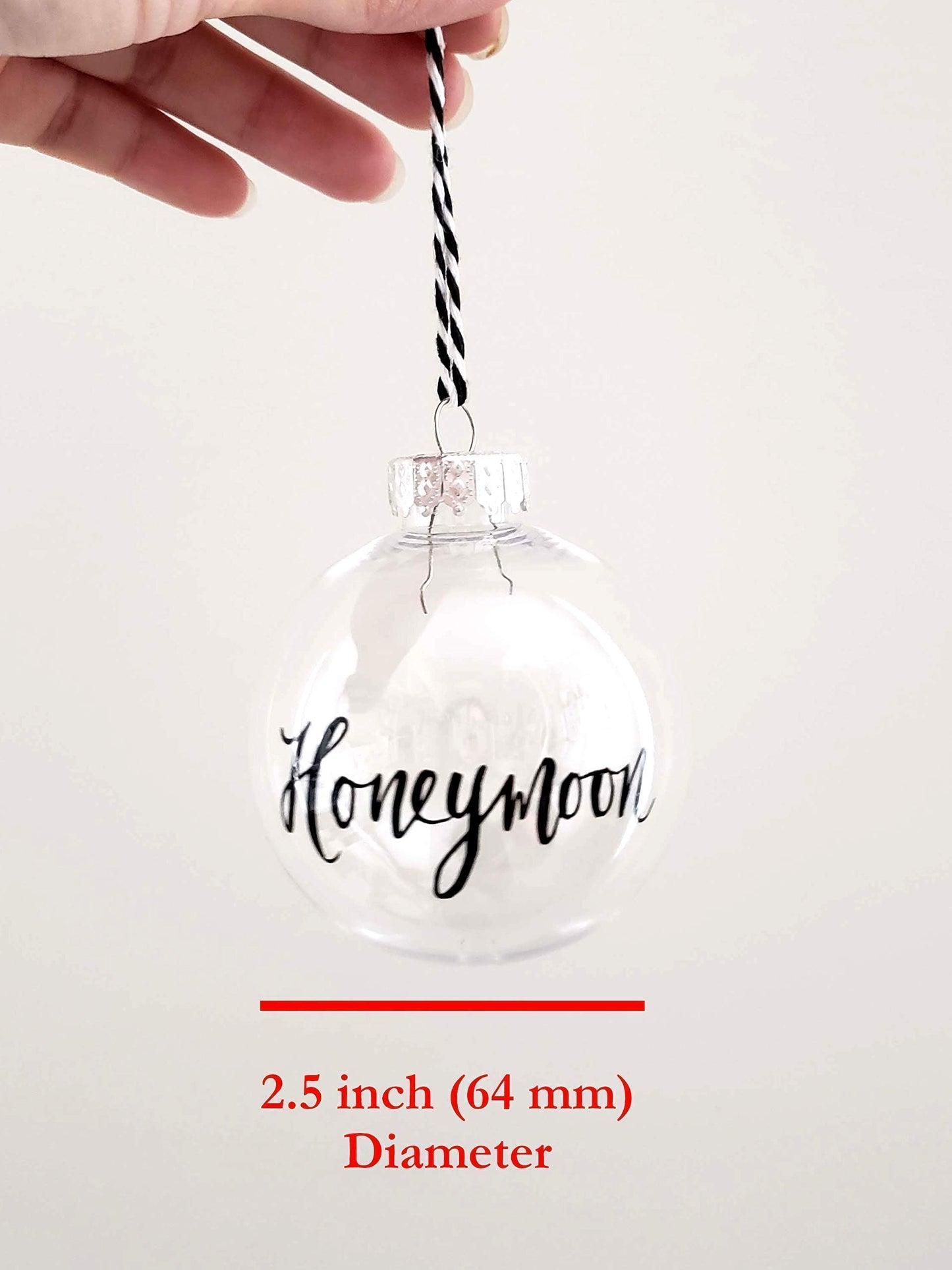 Hand Lettered Honeymoon Sand Christmas Ornament, Travel Gift for Bridal Shower - 2.5 inch Diameter, Plastic & Shatterproof