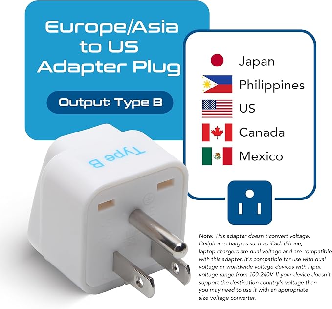 Ceptics Europe to US plug adapter, Type B USA Plug adapter compatible with plugs from Europe, India, and other countries - India to USA plug adapter is CE Certified & RoHS Compliant, White, 3 Pack
