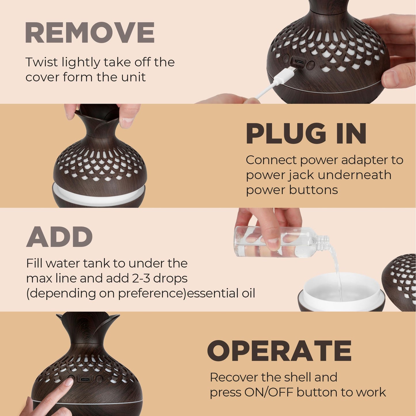 Mini Humidifier for Desk Bedroom Indoor Plant, 300ml Aromatherapy Diffuser Humidifier for Office Small Room, Quiet Colorful Night Light, Essential Oil Diffuser