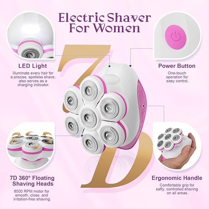 7D Electric Razor for Women: Full-Body Shaver for Legs & Face – Waterproof Wet/Dry Use with LED Light & Travel Cover – Smooth Close Bikini Shaver (Pink)