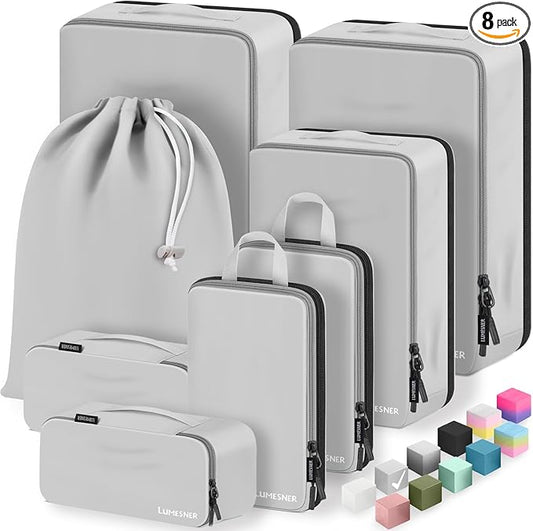 8 Set Compression Packing Cubes for Travel, Waterproof Luggage Organizers, Suitcase Organizer Set for Carry-On & Checked Baggage, Travel Accessories for Men & Women