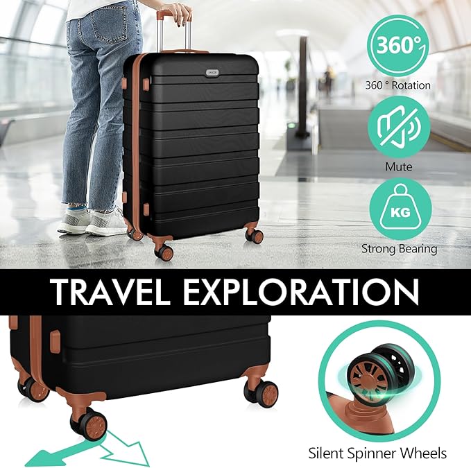 AnyZip Luggage PC ABS Hardside Lightweight Suitcase with 4 Universal Wheels TSA Lock Checked-Medium 24 Inch Black Brown