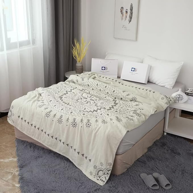 Boho Throw Blanket for Bed 100% Cotton Ultra Soft Rustic Quilt Fall Blanket Geometric Mandela Printed Farmhouse Decor Bed Blankets,80"×90" All Season Rustic Throw for Sofa Couch Chair