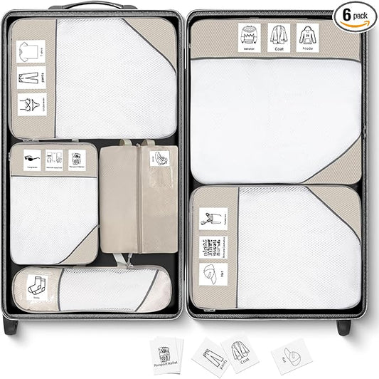 Compression Packing Cubes for Travel 6 Set Expandable Packing Organizers Durable Luggage Bags Organizers for Suitcases Travel Accessories (Beige)