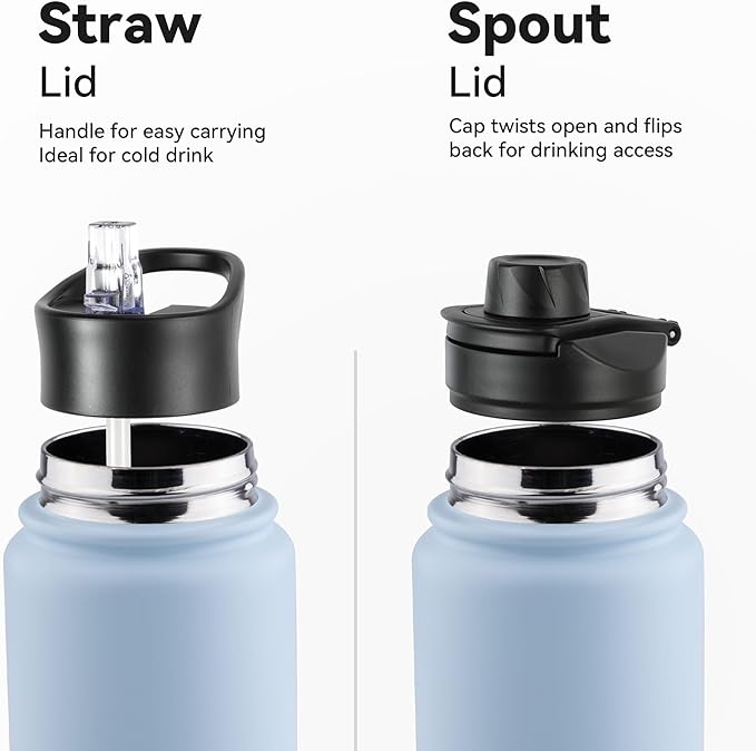 16 oz Insulated Water Bottle with Straw Lids, Stainless Steel Kids Water Bottles for School, Double Wall Vacuum Metal Water Bottle with Straw & Wide Mouth Lid, Light Blue 8 Pack