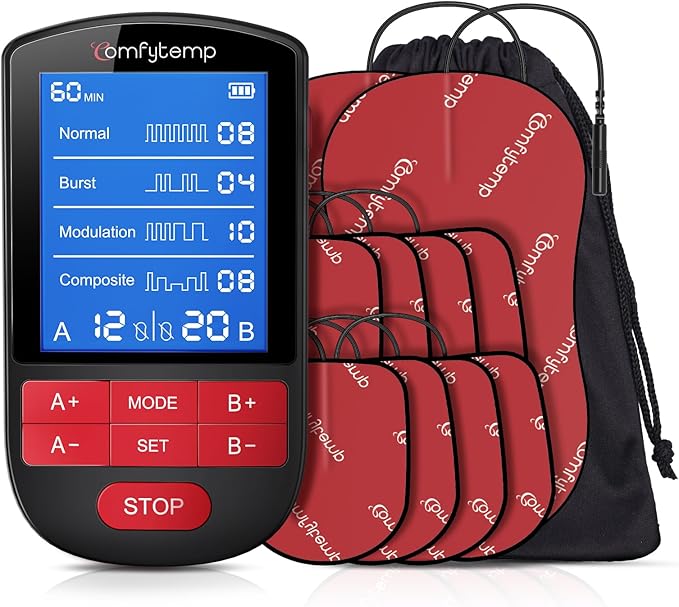Comfytemp TENS Unit Muscle Stimulator for Back Sciatica Neck Pain Relief, 4 Therapy Waveforms Dual Channel TENS Machine — 30 Modes, Rechargeable Professional Electric Pulse Massager, 10 Electrode pads