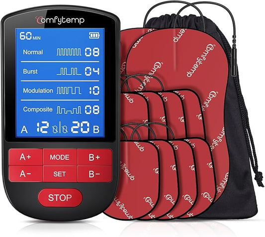 Comfytemp TENS Unit Muscle Stimulator for Back Sciatica Neck Pain Relief, 4 Therapy Waveforms Dual Channel TENS Machine — 30 Modes, Rechargeable Professional Electric Pulse Massager, 10 Electrode pads