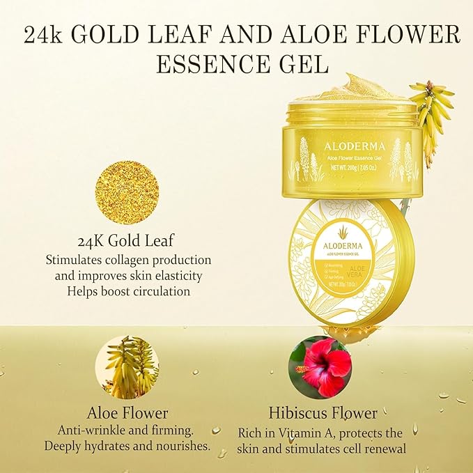 Aloderma Age-Defying Aloe Flower Essence Gel with 24K Gold Leaf, Made within 12 Hours of Harvest - Luxurious Aloe Gel with Allantoin & Hyaluronic Acid for a Shimmering, Youthful Complexion, 7oz 3-Pack