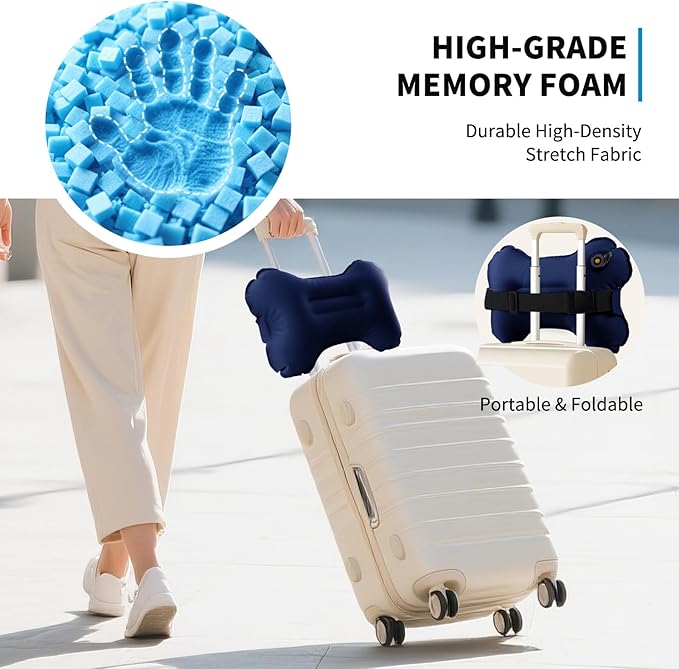 Mixtrend Travel Lumbar Pillow Inflatable Lumbar Support Pillow with Memory Foam, Back Support Pillow for Airplane Long Flight, Essential Travel Support Pillow for Women Men Kids（Navy Blue）