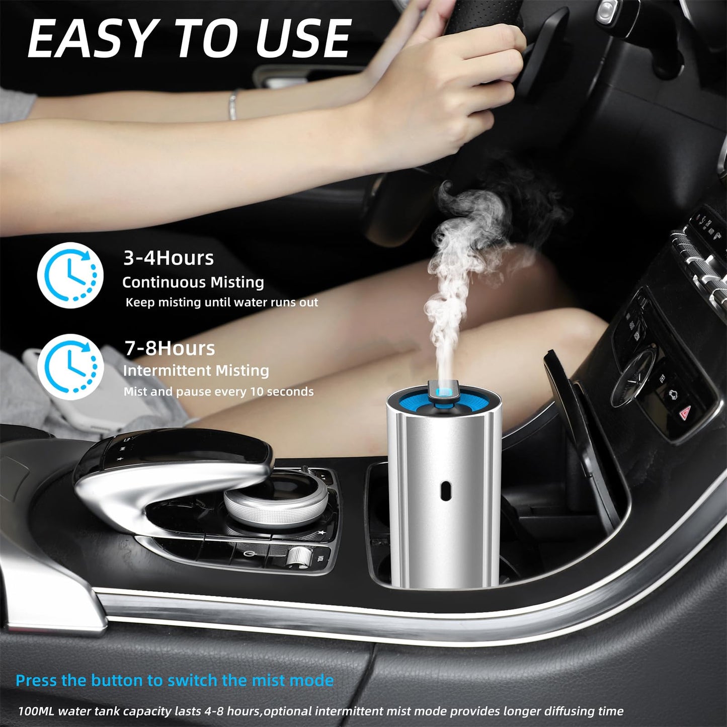 Aluminum Car Diffuser Essential Oil Car Aromatherapy Humidifier 100ml Personal Vehicle Scent Freshener Cool Mist Mini Portable Ultrasonic Diffuser with Colorful Lights for Small Space (Silver)