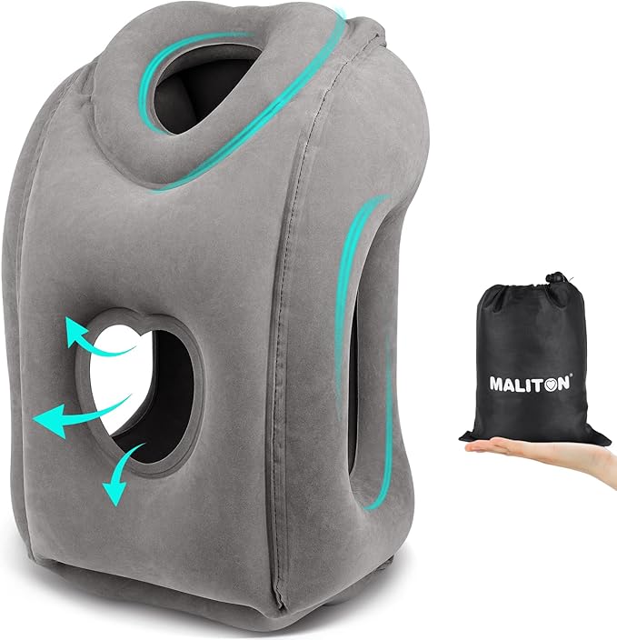 Maliton Inflatable Travel Pillow for Airplane Comfortable Sleeping to Relieve Neck and Shoulder Pain, Support Head Inflatable Pillow for Long Flights, Used for Airplanes, Cars, Trains(Dark Grey)