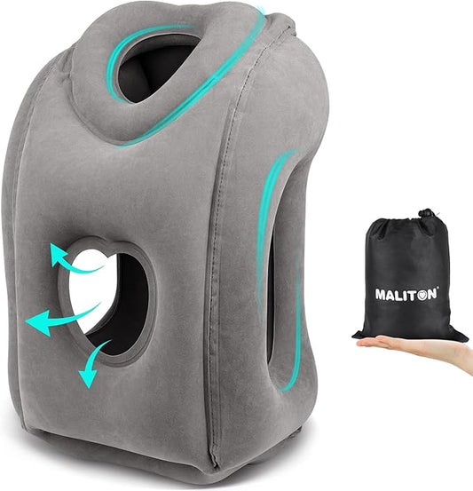 Maliton Inflatable Travel Pillow for Airplane Comfortable Sleeping to Relieve Neck and Shoulder Pain, Support Head Inflatable Pillow for Long Flights, Used for Airplanes, Cars, Trains(Dark Grey)