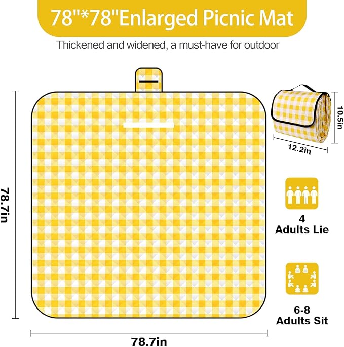78.7’’* 78.7’’ Extra Large Waterproof Picnic Blankets, Three-Layer Thick Foldable Outdoor Blanket, All-in-one Portable, Suitable for Park Picnics, Camping, Beach, Indoor Blanket (Yellow)