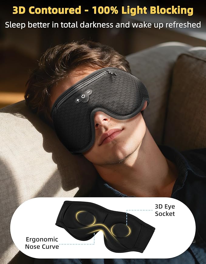 3D Contoured Sleep Mask with Bluetooth Headphones, Adjustable Blackout Sleeping Mask, 1-Hour Timer Sleeping Headphones with Thin Stereo Speakers for Men, Women, Gift - Black