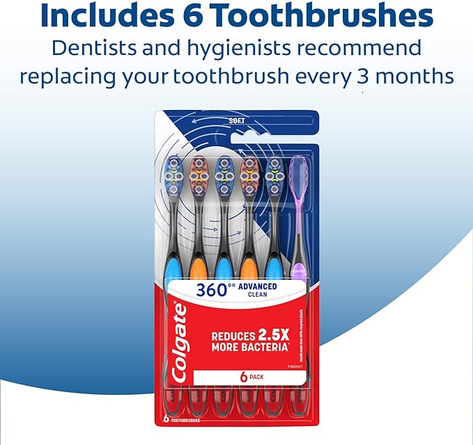 Colgate 360 Advanced Clean Adult Soft Toothbrush Pack, 6 Soft Bristled Toothbrushes with Cheek and Tongue Cleaner, Helps Clean Your Teeth, Tongue, Cheeks, and Gums, 6 Pack