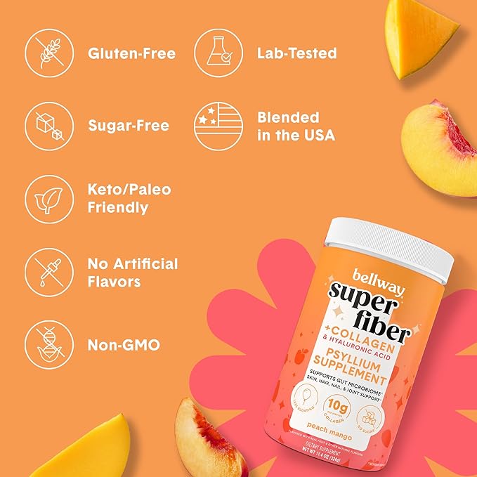 Bellway Super Fiber Powder + Collagen, Sugar-Free Psyllium Husk Powder with Collagen Peptides and Hyaluronic Acid for Digestive Health, Healthy Skin, Nails, Bones & Joints, Peach Mango (20 Servings)