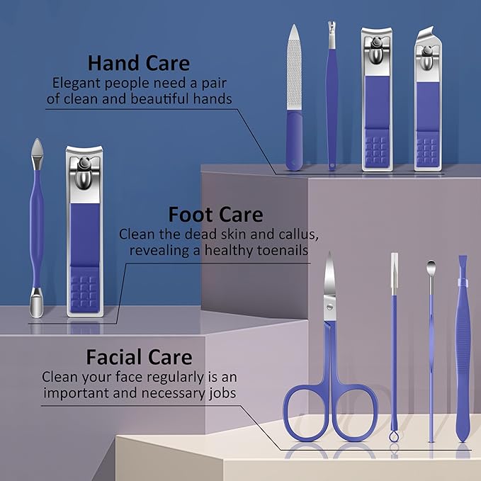 BLESWIN Manicure Set, 10 in 1 Professional Manicure and Pedicure Kit, Nail Care Kit for Women, Mens Nail Grooming Kit, Portable Nail Clipper Set Blue Leather Case for Travel Home