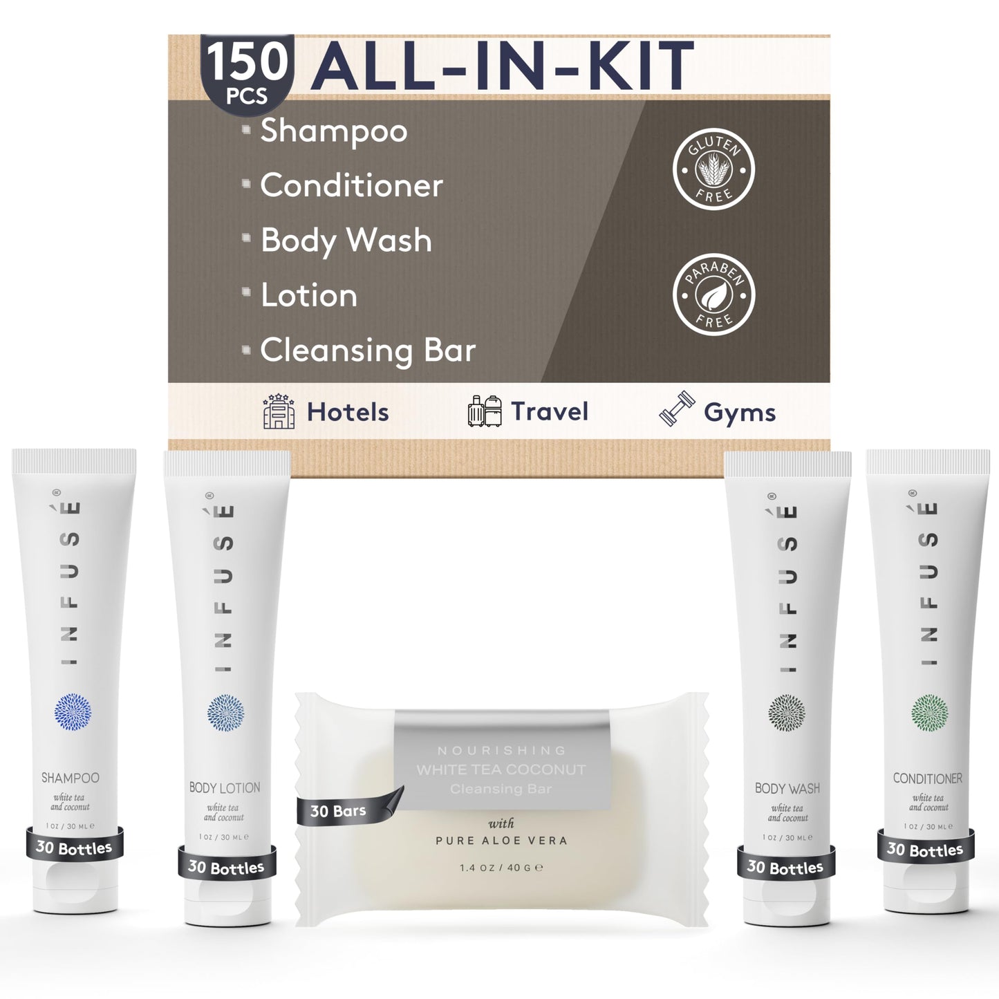 Infuse Pure White Tea and Coconut Hotel Soaps and Toiletries Bulk Set | 1-Shoppe All-In-Kit for Airbnb | 1oz Shampoo & Conditioner, Body Wash, Lotion & 1.25oz Bar Soap | Travel Size 150 Pieces