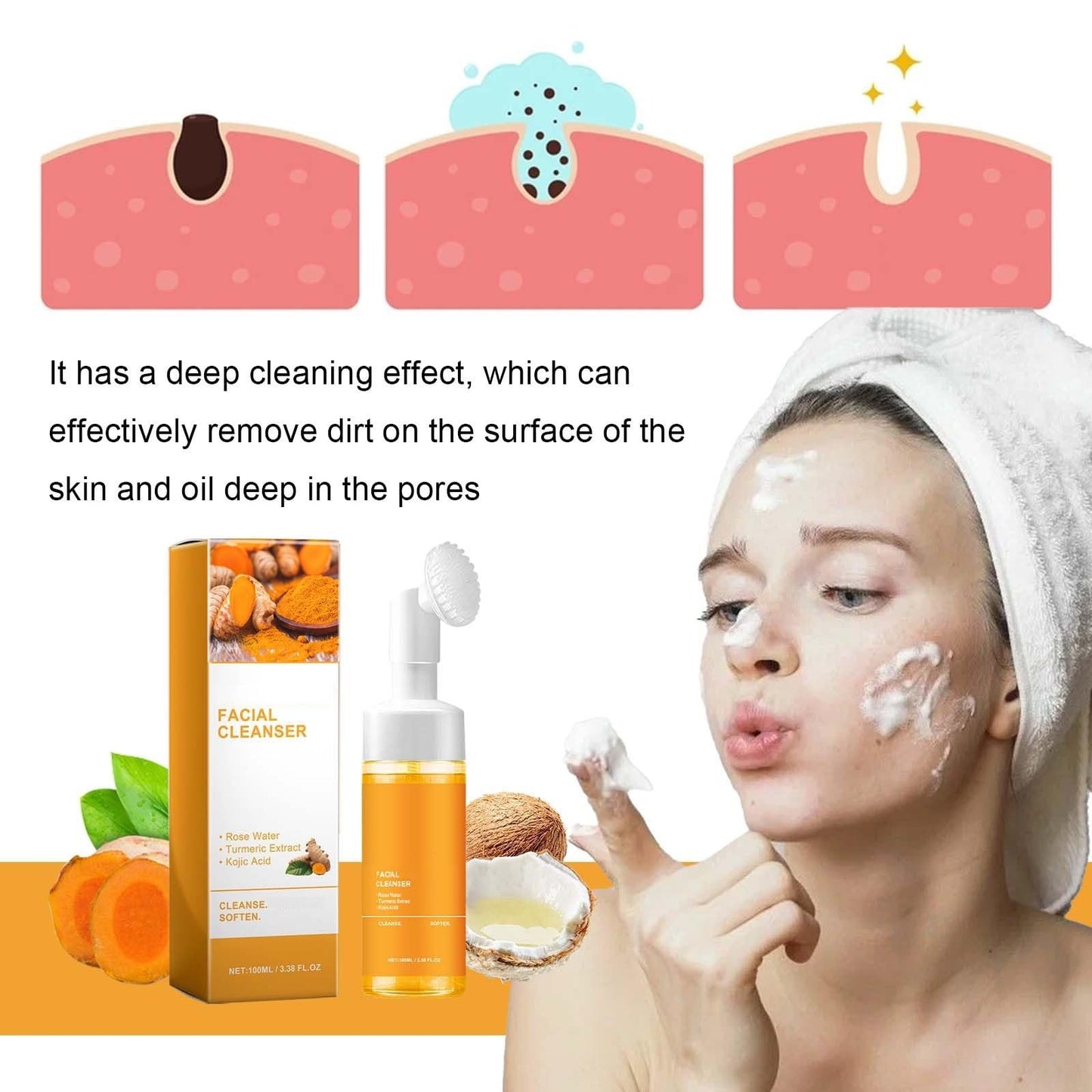 JISKG 2 Pcs Turmeric Facial Cleanser, Glow Wash Turmeric Face Wash With Brush, Deep Cleansing Exfoliating for Women All Skin.