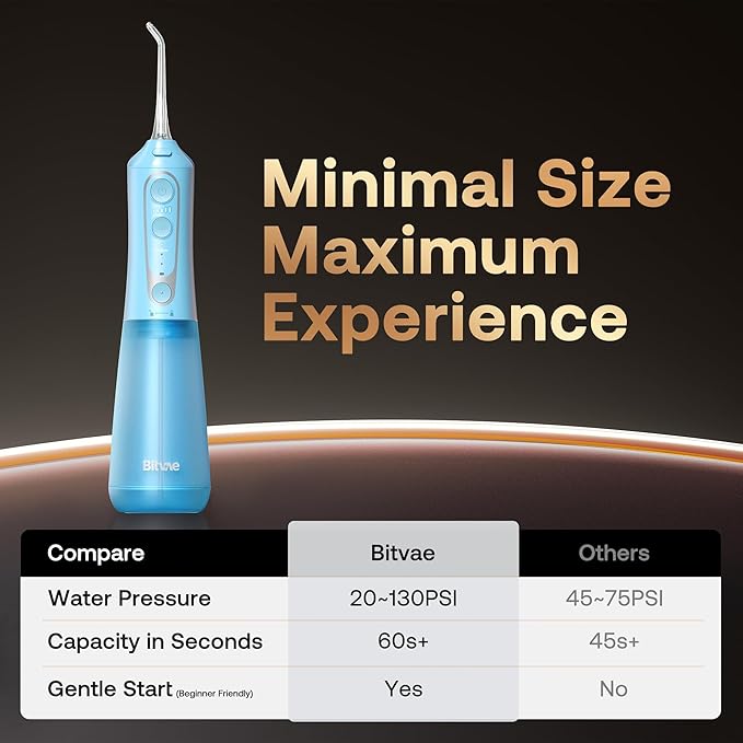 Bitvae Water Dental Flosser Teeth Pick, Cordless Flosser for Travel with 6 Jet Tips, 3 Modes 5 intensities, IPX7 Waterproof Portable & Rechargeable Oral Irrigator Cleaner, Sky Blue