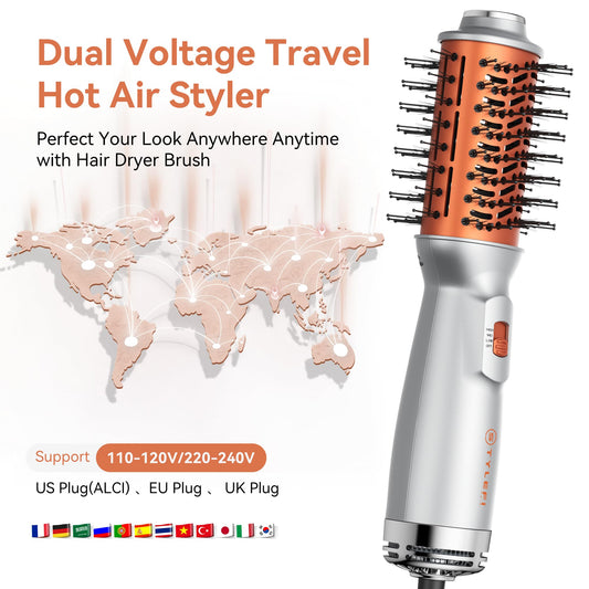 StyleFi Mini Hair Dryer Brush, 4 in 1 Travel Blow Dryer Brush, Double Voltage Hot-Air Hair Brushes with 3 Adjustable Temperatures,Fast Curly Hair Brush for Curling/Volumizing/Straightening/Styling