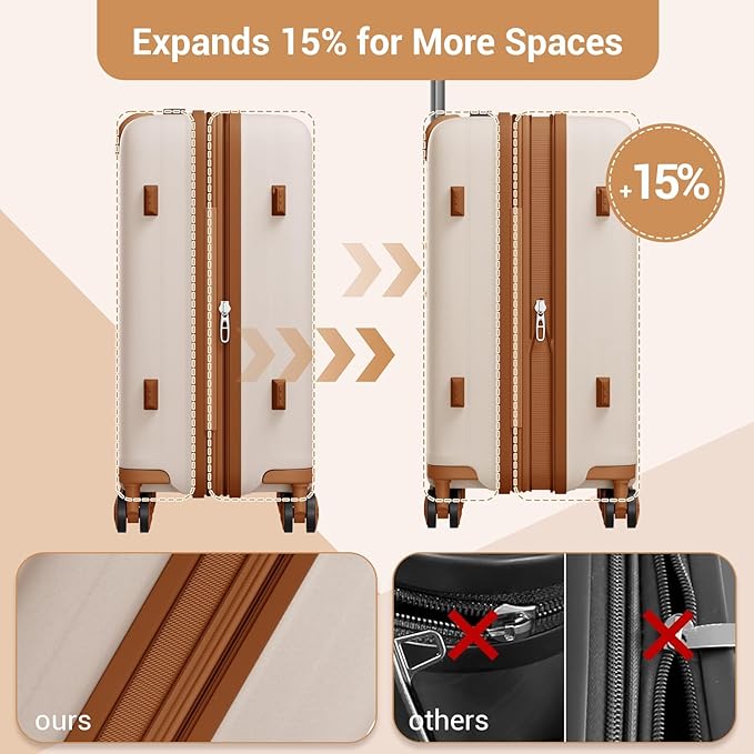 Kono Expandable 24 Inch Hard Shell Travel Luggage, Large capacity for easy travel, Hidden Cup Holder & TSA Lock Lightweight Suitcase - Cream/Brown