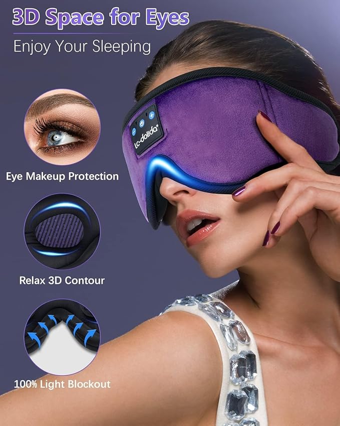 LC-dolida Sleep Headphones, Sleep Mask Bluetooth Wireless Music Eye Mask, Sleeping Headphones for Side Sleepers Sleep Mask with Bluetooth Headphones Ultra-Thin Stereo Speakers Perfect for Sleeping