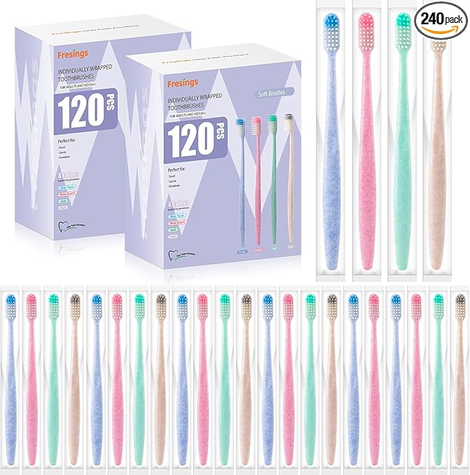 240-Pack Disposable Toothbrushes Individually Wrapped, Soft Bristle Bulk Travel Toothbrush for Adults, Kids, Guest, Hotel, Home, Camping, Donation – 4 Colors, Mini Manual Value Pack