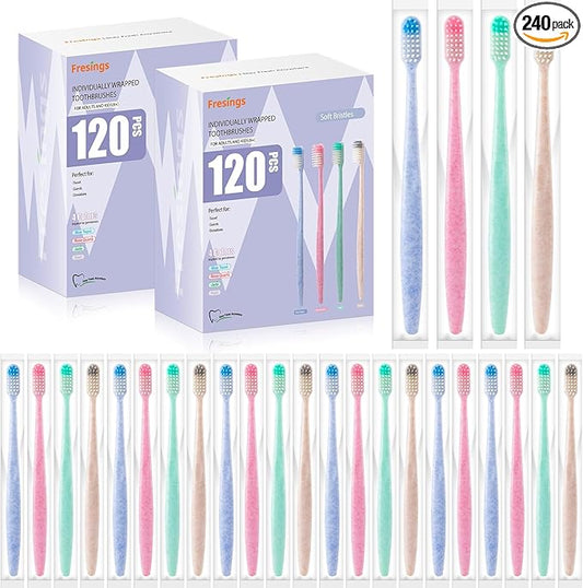 240-Pack Disposable Toothbrushes Individually Wrapped, Soft Bristle Bulk Travel Toothbrush for Adults, Kids, Guest, Hotel, Home, Camping, Donation – 4 Colors, Mini Manual Value Pack