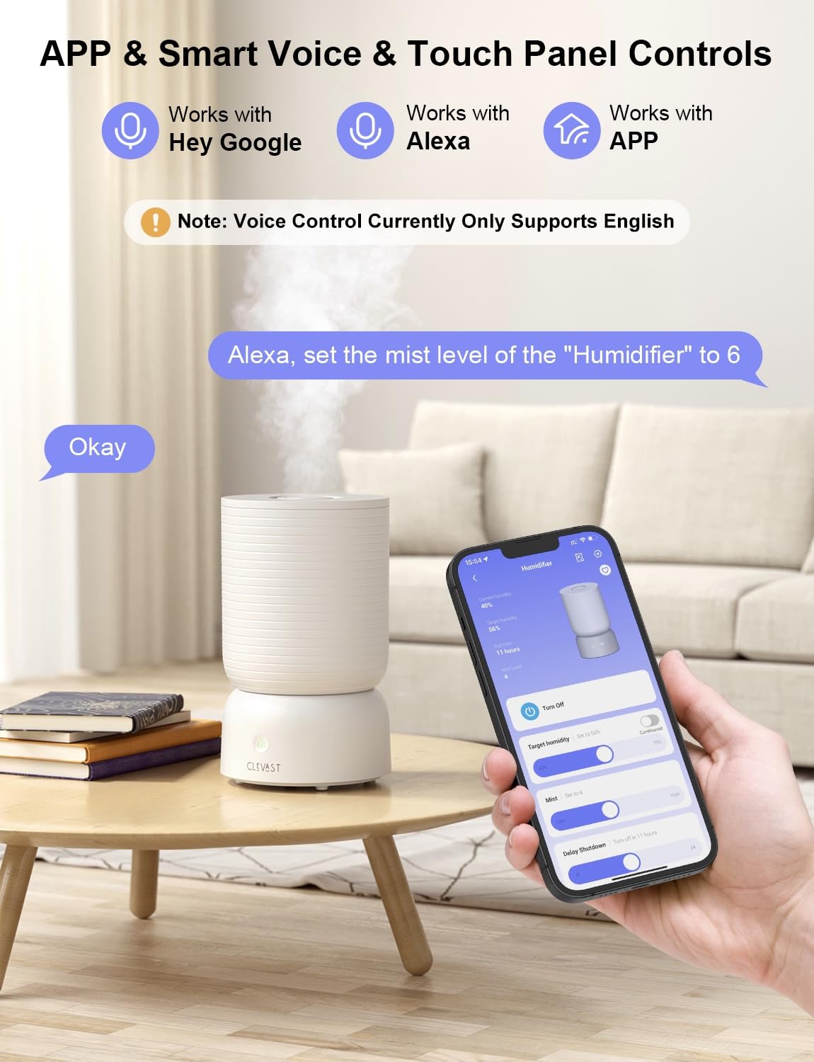 CLEVAST Smart Humidifier for Bedroom, 3L Top Fill Cool Mist Ultrasonic Air Humidifiers with Essential Oil Diffuser, Ultra Quiet for Baby Nursery, Plants, Home, Office (3 Liters Smart Version)
