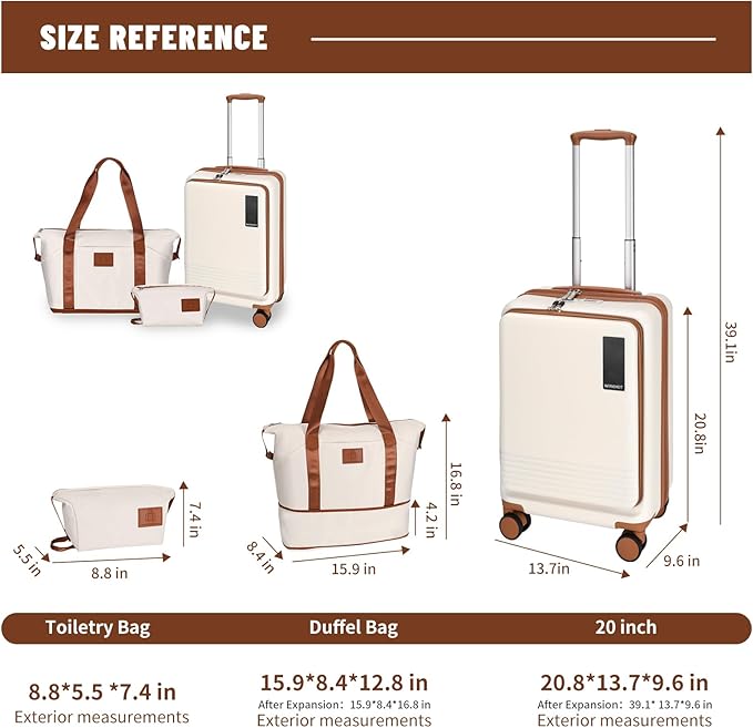 20 inch Small Carry On Luggage Front Open with Laptop Pocket, ABS+PC Hard Shell Suitcase with Spinner Wheels TSA Lock & YKK Zipper, 20in/Toiletry Bag/Handbag, Apricot Off White