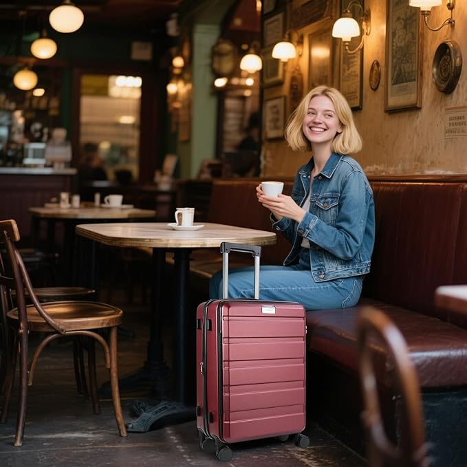 KROSER Carry On Luggage with Spinner Wheels & Built-in TSA Lock, Expandable Top Loading Hard Shell Suitcase Large Capacity Durable Rolling Luggage with USB Port, Carry-On 20-Inch, Burgundy