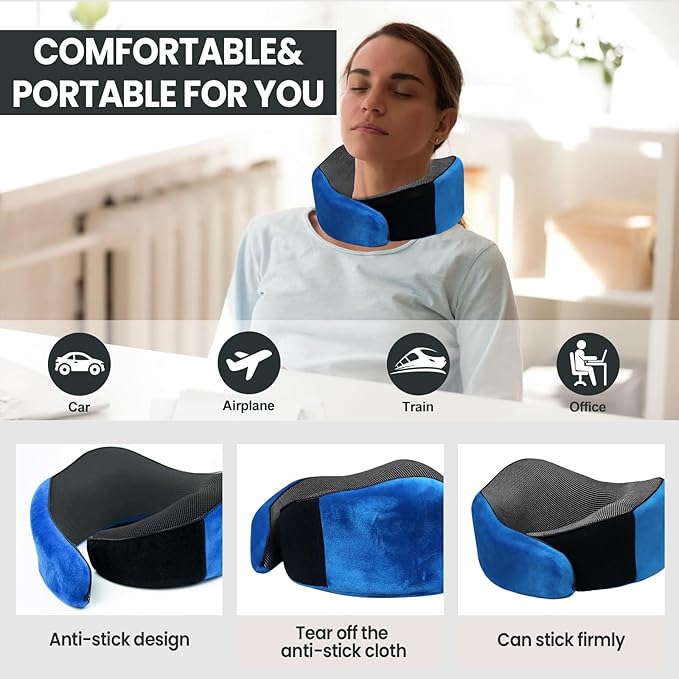 Travel Pillow, 100% Pure Memory Foam Travel Neck Pillow Airplane Neck Support Ergonomic Design for Traveling Suitable for Airplanes,Offices and Cars-Blue