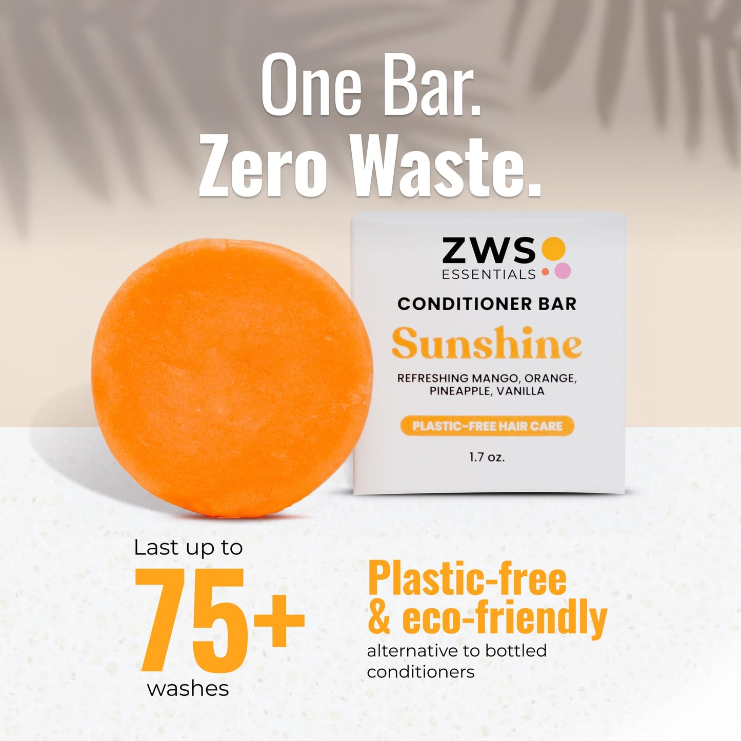 ZWS Essentials Sunshine Conditioner Bar, Vegan Solid Hair Conditioner for All Hair Types, with Pineapple, Mango, Cocoa Butter, Zero Waste, Travel-Friendly