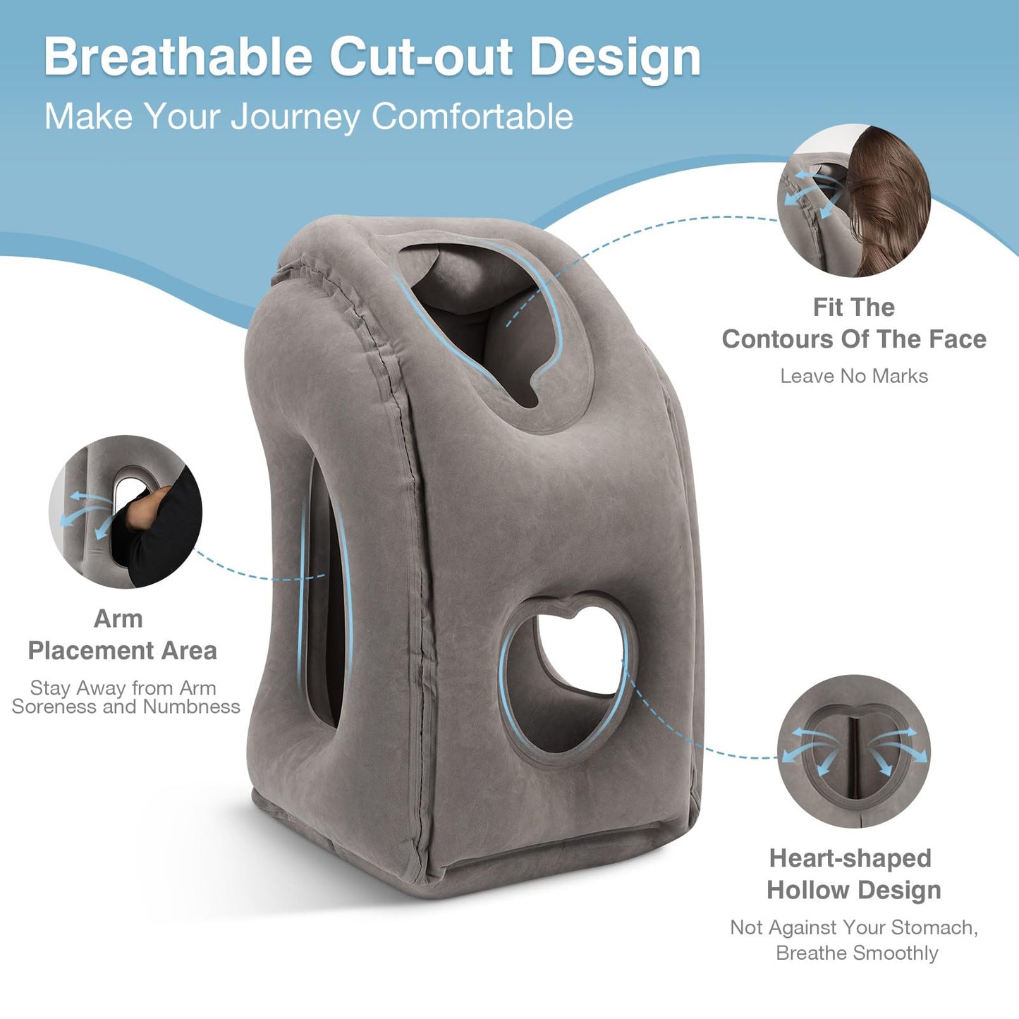 MoKo Inflatable Travel Pillow, Comfortable Neck Pillow with Storage Bag Support Shoulder and Neck to Avoid Pain for Airplane Train Office Car Travel Home, Gray