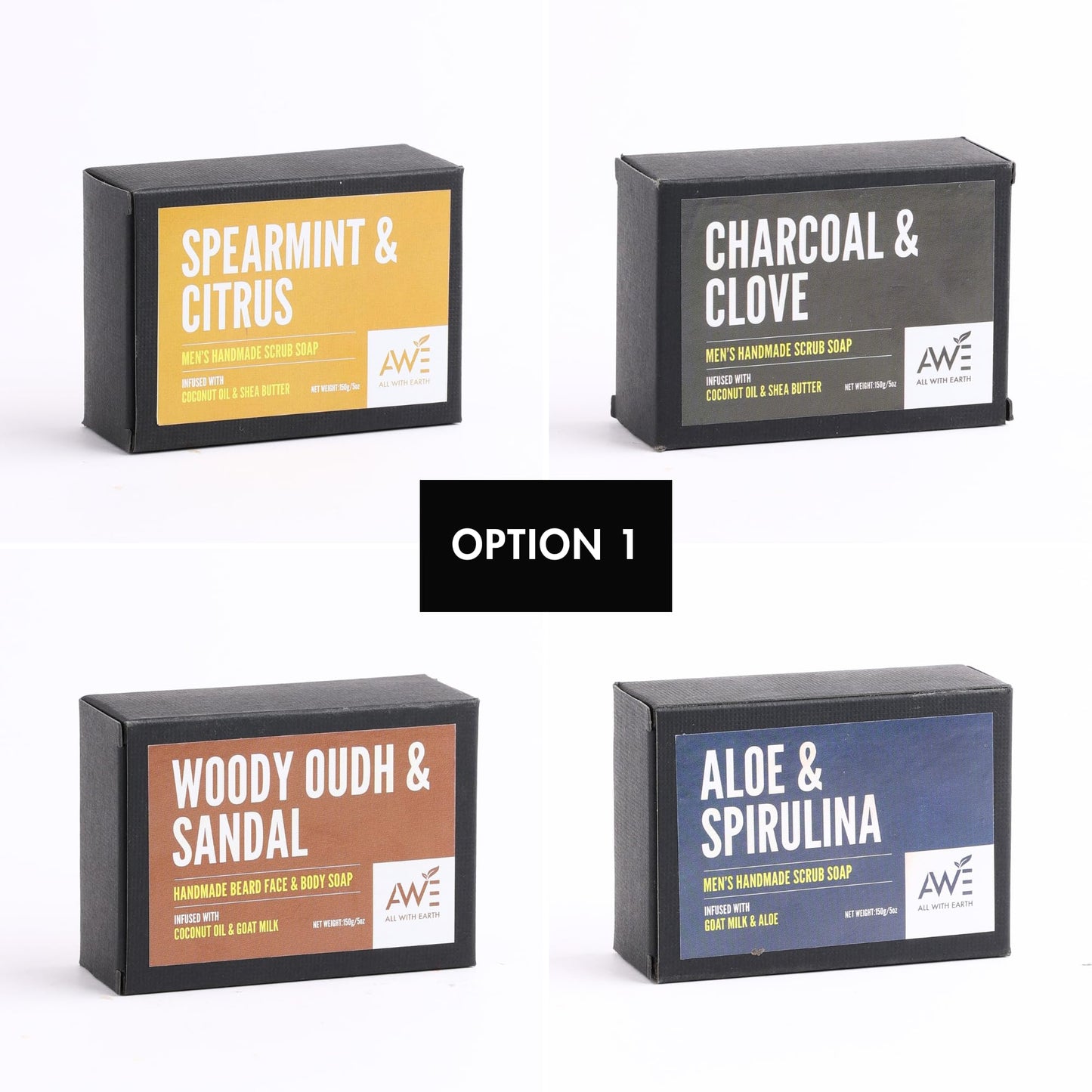 All With Earth Men’s Moisturizing Scrub Soap Set of 4 Handmade Natural Bars Rugged Masculine Scents Deep Cleanse Hydrate Nourish Face Beard Body (Option 1)