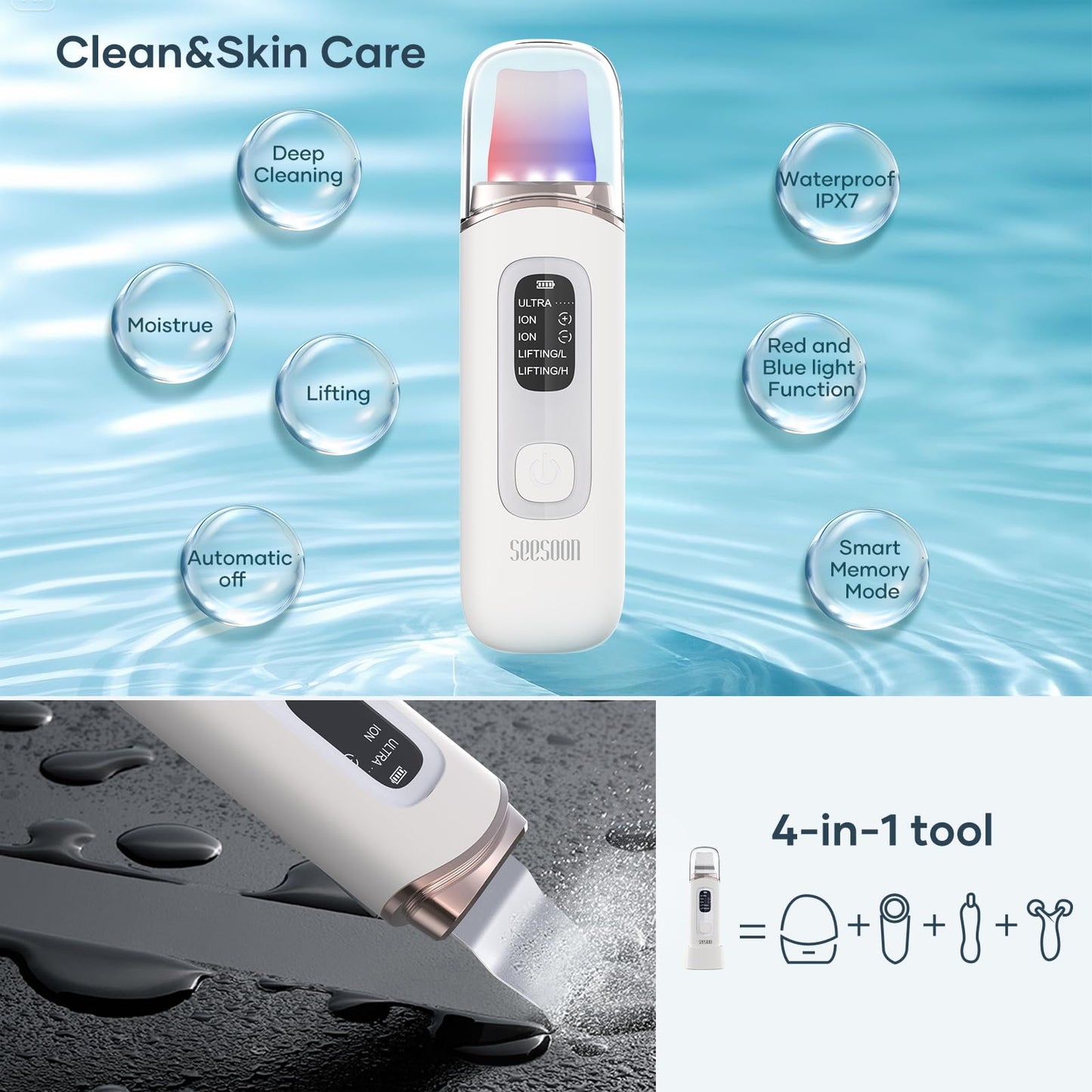 4 in1 Facial Skincare Scrubber,Skin Scrubber Face Spatula - Blackhead Remover with 4 Modes, Pore Extractor Face Spatula Deep Cleansing for Facial Skincare LCD Display, IPX7 Waterproof-Purple-White