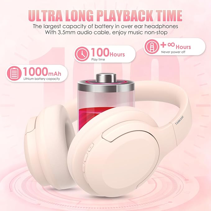 Active Noise Cancelling Headphones, Wireless Over Ear Bluetooth Headphones,100H Play Time Bluetooth Headphone with Microphone,Lightweight and Foldable Comfortable Deep Bass for Work/Gym Pink