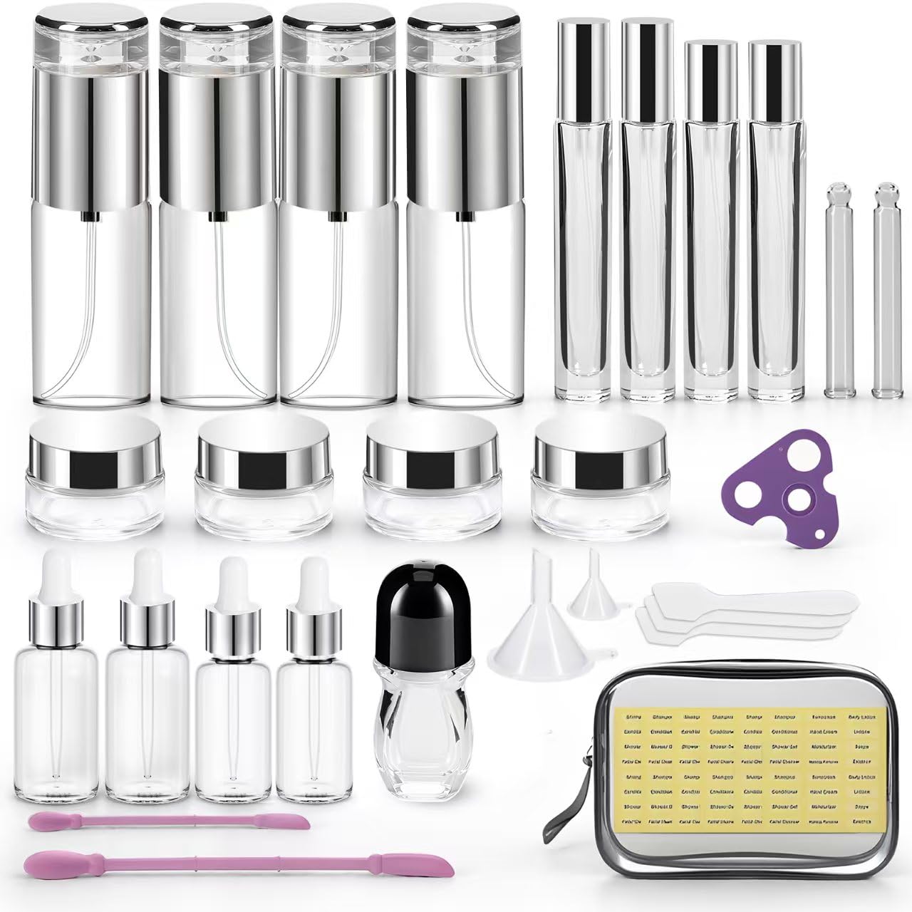 KOUWICH 34 Piece Glass Travel Bottles for Toiletries TSA Approved Mini Makeup Containers with Toiletry Bag Refillable BPA Free Skincare Container Leak Proof for Serums, Moisturizers, Toners, Cream