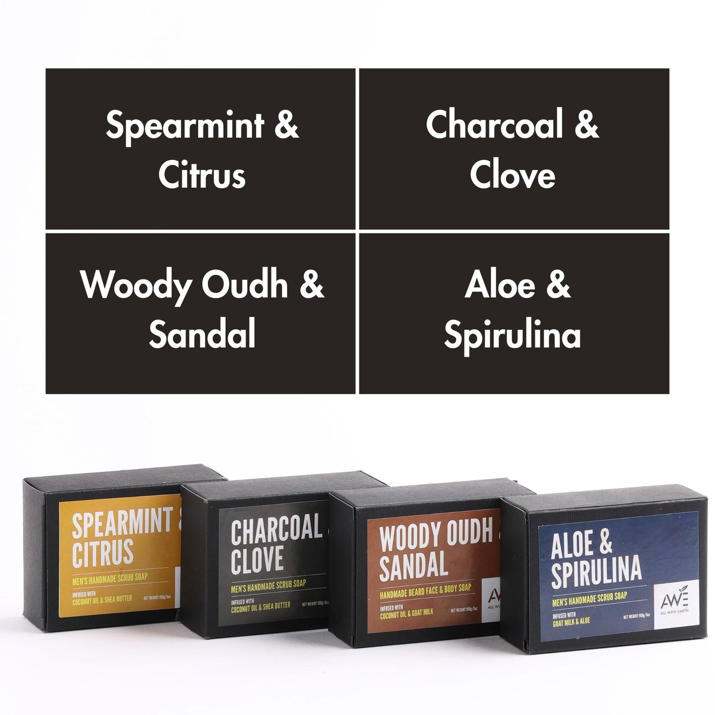 All With Earth Men’s Moisturizing Scrub Soap Set of 4 Handmade Natural Bars Rugged Masculine Scents Deep Cleanse Hydrate Nourish Face Beard Body (Option 1)