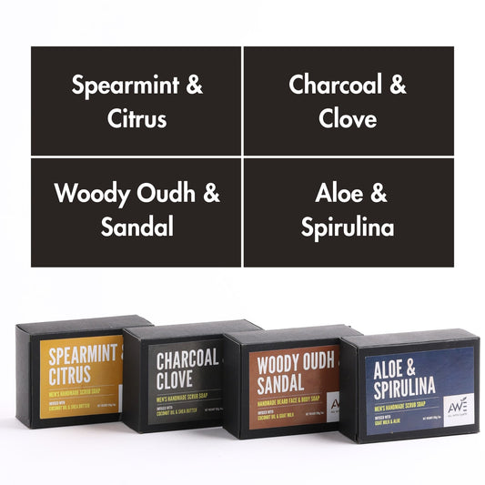 All With Earth Men’s Moisturizing Scrub Soap Set of 4 Handmade Natural Bars Rugged Masculine Scents Deep Cleanse Hydrate Nourish Face Beard Body (Option 1)