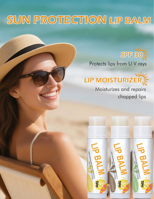 Wugbc 3 Pcs Lip Balm Set SPF 30 Banana Coconut Watermelon Moisturizing Lipstick Lightweight Prevents Soothes Dry Chapped Lips Non-sticky Daily Sun Protection for Lips